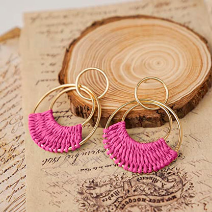 Raffia Hoop Earrings for Women Fun Boho Summer Beach Earrings Lightweight Handmade Straw Wicker Rattan Dangle Earrings Statement Geometric Round Drop Earrings - color: Hot Pink - Round
