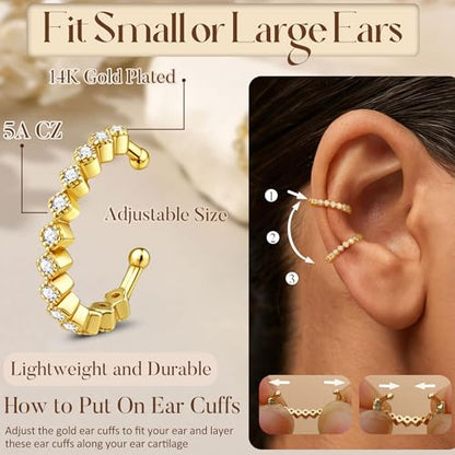 Florideco 4Pcs Ear Cuffs Non-Piercing for Women Dainty 14K Gold Plated Clip On Cartilage Earrings Hypoallergenic Huggie Hoop Cuffs Fake Earings for Non Pierced Ears - color: Beaded-14K Gold Plated