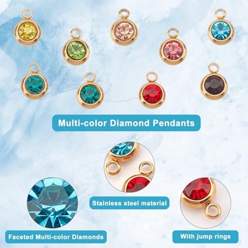 UNICRAFTALE 18K Gold Plated Flat Round Real Birthstone Charms Rhinestone Pendants Crystal Glass Charms Metal Dangle Pendants for DIY Bracelets Necklaces Jewelry Making - color: Mixed Color