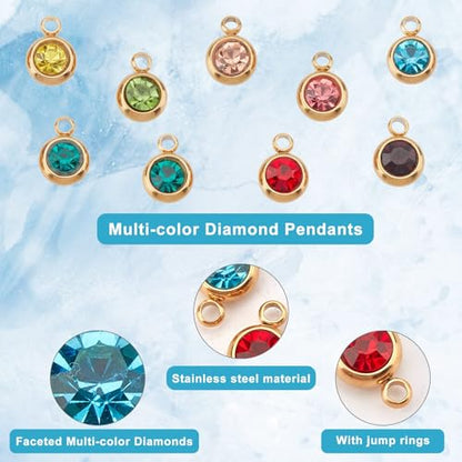 UNICRAFTALE 18K Gold Plated Flat Round Real Birthstone Charms Rhinestone Pendants Crystal Glass Charms Metal Dangle Pendants for DIY Bracelets Necklaces Jewelry Making - color: Mixed Color