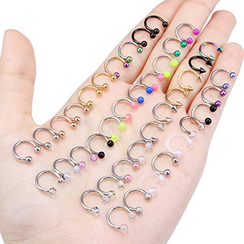36-40Pcs 16G Surgical Steel Nose Septum Rings Piercing Jewelry Horseshoe Cartilage Helix Tragus Earring Hoop Eyebrow Lip Hoop Retainer for Women Men 8mm 10mm - color: 40pcs