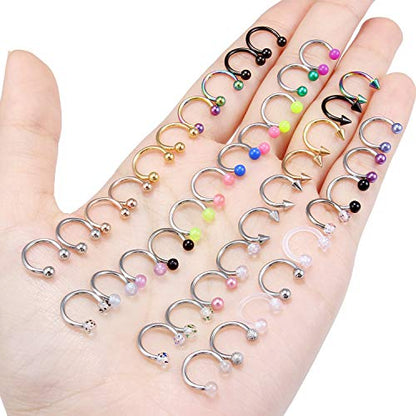 36-40Pcs 16G Surgical Steel Nose Septum Rings Piercing Jewelry Horseshoe Cartilage Helix Tragus Earring Hoop Eyebrow Lip Hoop Retainer for Women Men 8mm 10mm - color: 40pcs