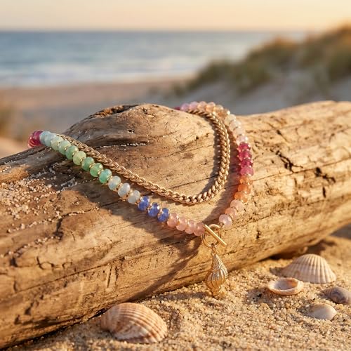 Colorful Acrylic Beaded Necklace For Women, Boho Double Layer Rainbow Beads Thick Cuban Chain Chunky Heart Pendant Statement Choker Summer Beach Jewelry Gift - color: Colorful Gold Conch
