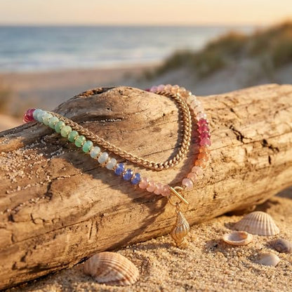 Colorful Acrylic Beaded Necklace For Women, Boho Double Layer Rainbow Beads Thick Cuban Chain Chunky Heart Pendant Statement Choker Summer Beach Jewelry Gift - color: Colorful Gold Conch