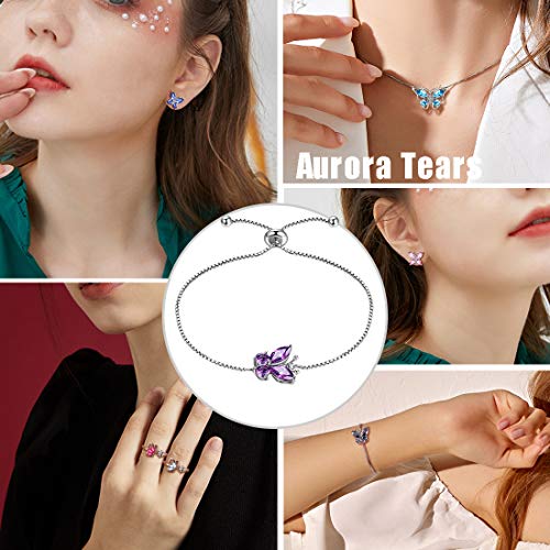 Aurora Tears Butterfly Jewelry,Women 925 Sterling Silver Butterflies Birthstone Pendant Necklace/Earrings/Rings Wedding Gift - color: B.February-set 3