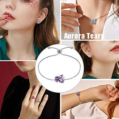 Aurora Tears Butterfly Jewelry,Women 925 Sterling Silver Butterflies Birthstone Pendant Necklace/Earrings/Rings Wedding Gift - color: B.February-set 3