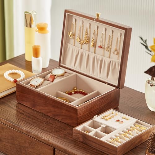 CHOSIN Walnut Wood Jewelry Box with Removable Tray, Vertical Necklace Hooks | 2 Layers Black Walnut Jewelry Organizer, For Watches Rings Earrings Necklace Bracelets, Velvet Interior, Gift for Her - style: 2 Layer B