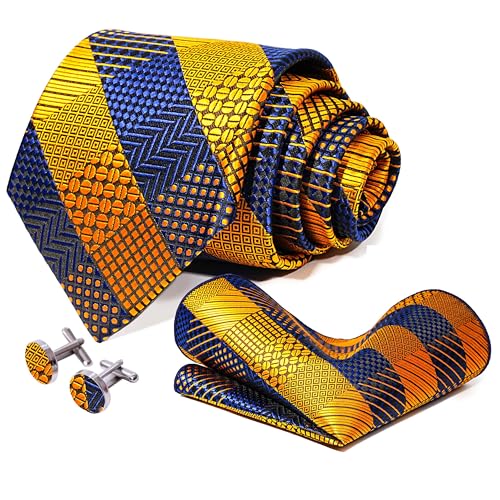 5PCS Mens Silk Tie, Pocket Square, Cufflinks, Drilled Tie Ring and Lapel Pin Set for Wedding Groom Party - color: Gold and Blue Tie Set -70