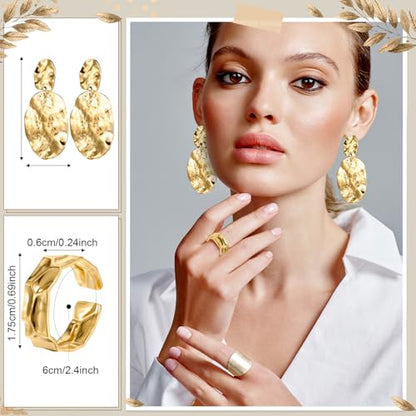 Misdary 3 Pcs Jewelry Gifts Set Bracelets Earrings Ring Cuff Bangle for Women Wedding Birthday Gifts - color: Gold, style: Hammered