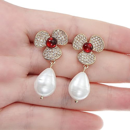 Earrings Holy Stud Earrings for Girls/Women, Sliver Gold Wedding Earrings for Bridesmaids - color: Red Diamond Pearl|Gold