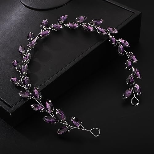 Teyglen Bride Wedding Crystal Hair Vine Full Purple Crystal Headband Bridal Hair Accessories Wedding Headpiece Handmade Rhinestone Hair Piece Headband for Women Girls (Purple) - color: Purple