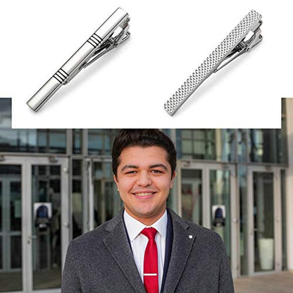 MOZETO Tie Clips for Men, Classic Style Silver Tie Bar Set for Regular Ties Luxury Box Gift Ideas