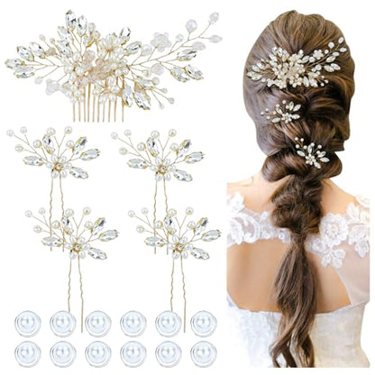 inSowni 17 Pieces Gold Metal Rhinestone Pearl Wedding Bridal Hair Side Comb Slides+U-shaped Flower Hair Pins+Pearl Twist Spiral Hairpins for Brides Bridesmaids Women Girls - color: Gold