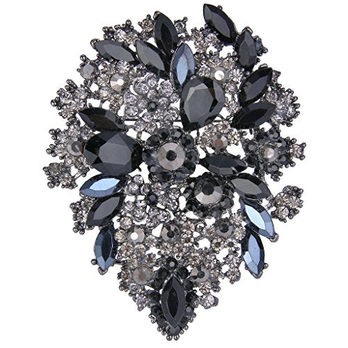 EVER FAITH Women's Austrian Crystal Vintage Style Flower Leaf Cluster Brooch Pendant - color: Grey w/ Black Black-Tone
