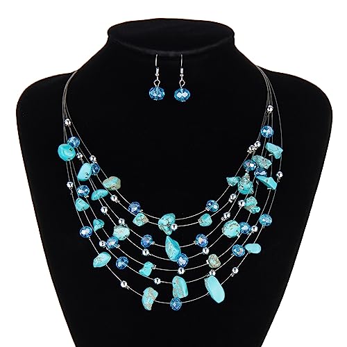 Multi-Layer Boho Shell Beaded Necklace for Women Colorful Crystal Strand with Silver Beads Statement Collars Necklace and Earrings Costumes Jewelry Sets for Women - color: 48-Turquoise