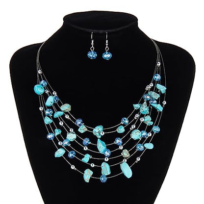 Multi-Layer Boho Shell Beaded Necklace for Women Colorful Crystal Strand with Silver Beads Statement Collars Necklace and Earrings Costumes Jewelry Sets for Women - color: 48-Turquoise