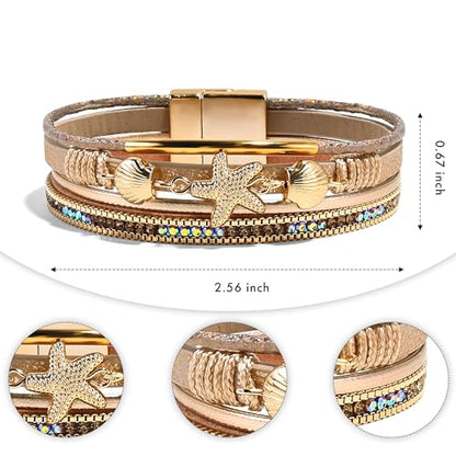 VIBILIA Boho Leather Wrap Bracelets for Women Multi-Layer Bracelets | With Strong Clasp Jewelry for Women - color: 04-ShellStarfish-Champagne