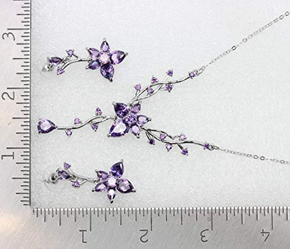 Faship Gorgeous CZ Crystal Floral Necklace Earrings Set - color: Purple