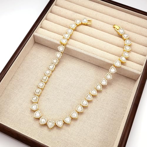 fasone Rhinestone Hearts Necklace, Iced Out Hearts Jewelry，Silver Tennis Necklace For Women，Tennis Necklaces For Women, Heart Tennis Necklace - color: Gold_15.7inch/7inch