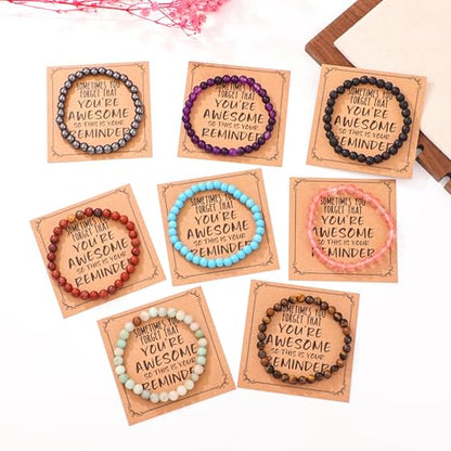 12Pcs Inspirational Beaded Bracelets, 6mm Natural Stone & Glass Beads, Elastic Stretch Bracelet Set with You're Awesome Message Cards, Handmade Healing Chakra Bracelets Bulk for Women Men, Birthday Christmas Friendship Gift