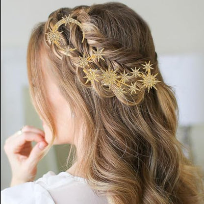 5 Pcs Celestial Crystal Bridal Hair Pins Set, Star & Moon Rhinestone Hair Accessories for Wedding, Goddess-Style Hair Pieces for Women(Gold) - color: Gold
