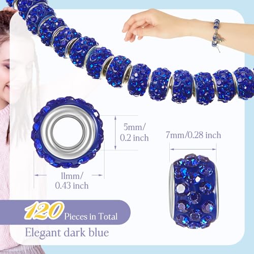 Junkin 120 Pcs Large Hole Beads 11 mm European Crystal Charm Spacer Rhinestone Colorful European Beads for Pens Making Bulk Beadable Pens Jewelry Making Supplies DIY Crafts Bracelet(Dark Blue) - color: Dark Blue