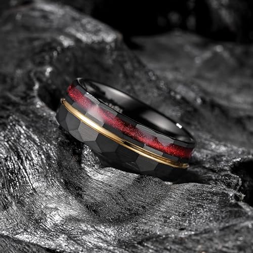 King Will Black Tungsten Rings for Men Hammer Wedding Band | Black, Grooved, Hammer Wedding Band Gold Groove, Sand Inlay, Everyday Wear - color: Black & Red Sand Inlay