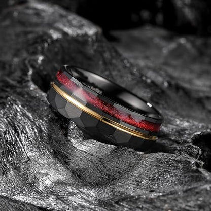 King Will Black Tungsten Rings for Men Hammer Wedding Band | Black, Grooved, Hammer Wedding Band Gold Groove, Sand Inlay, Everyday Wear - color: Black & Red Sand Inlay
