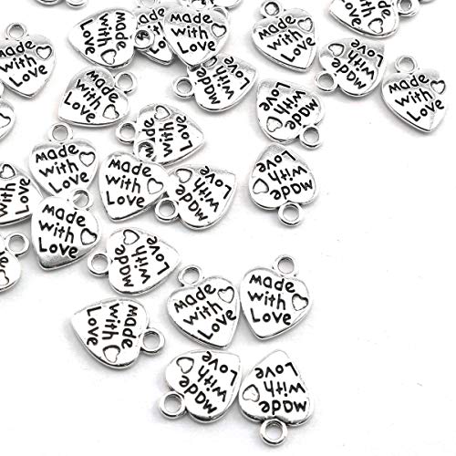heyous 100pcs Heart Shape Charms Handmade Metal Labels Printed Made With Love Tag Labels Carving DIY Craft Necklace Bracelets Keychain Jewelry Making Findings Accessories Ancient Silver