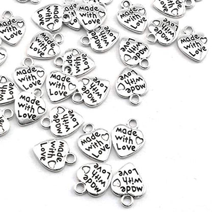 heyous 100pcs Heart Shape Charms Handmade Metal Labels Printed Made With Love Tag Labels Carving DIY Craft Necklace Bracelets Keychain Jewelry Making Findings Accessories Ancient Silver