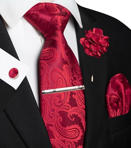 JEMYGINS Mens Paisley Tie and Pocket Square,Lapel Pin,Cufflinks,Tie Clip Sets with Gift Box 5PCS - color: Red