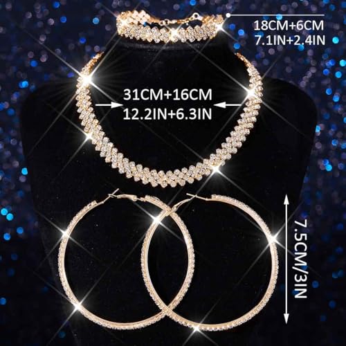 Black Jewelry Sets Rhinestone Necklace Hoop Earrings Bracelet Set Prom Formal Sparkly Costume Jewelry Sets for Women - color: Gold