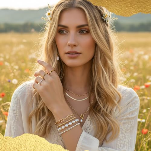 Ecally Bohemian Western Jewelry Turquoise Set Women Country Pendant Long Choker Layered Bracelets Earrings Ring for Women - color: Gold, style: Pearl