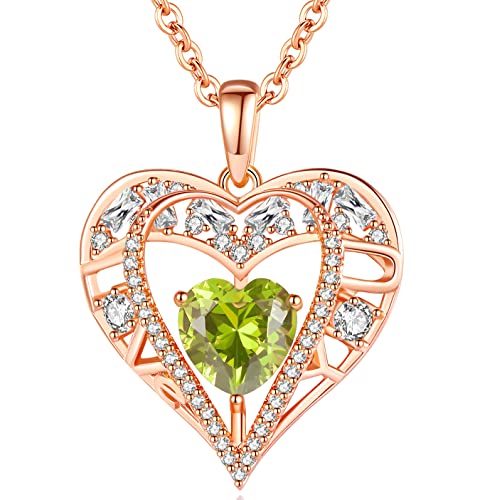 5 Heart I Love You Necklace for Women, Birthstone Crystal Pendant, Birthday Gift for Her, Wife, Mom, Rose Gold or Gunmetal Plated, 925 Sterling Silver Chain 18"+2" - color: 08-August-Peridot Apple Green-Rose Gold Plated