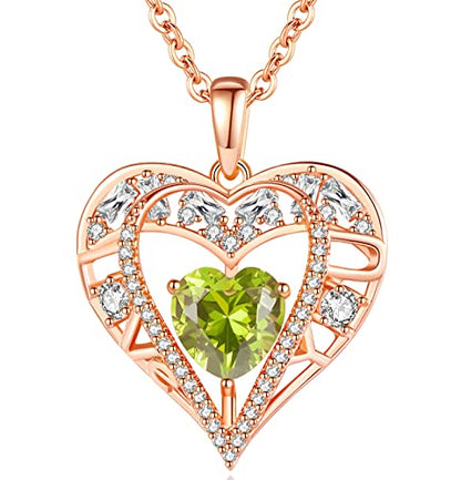 5 Heart I Love You Necklace for Women, Birthstone Crystal Pendant, Birthday Gift for Her, Wife, Mom, Rose Gold or Gunmetal Plated, 925 Sterling Silver Chain 18"+2" - color: 08-August-Peridot Apple Green-Rose Gold Plated