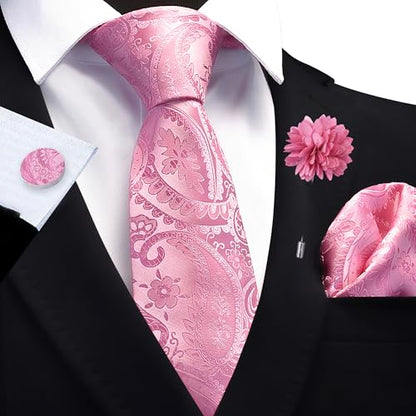 GUSLESON Paisley Tie Set for Men 3.15" Necktie Lapel Pin Hankerchief Cufflinks Set for Men - color: Pink