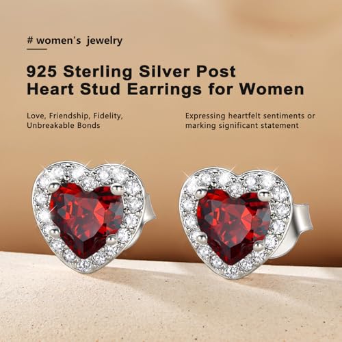 Bestyle 8mm Small Birthstone Earrings for Women with Hypoallergenic Sterling Silver Post,Sparkle Heart/Round Womens Studs Earrings, Great Birthday/Christmas/Anniversary Jewelry for Wife Mother - color: 01. Jan. Garnet-Heart
