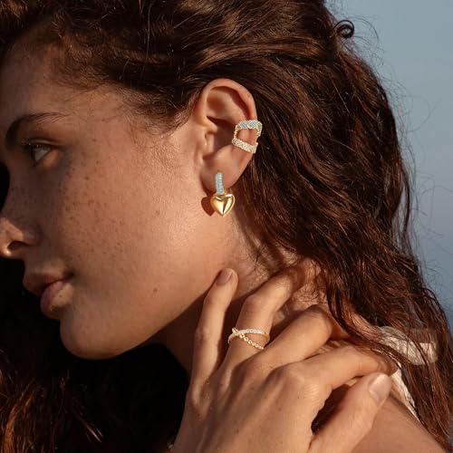 Heart Dangle Hoop Earrings for Women | 14K Gold Plated Love Heart Huggie Earrings, Hypoallergenic Dainty Jewelry Gift for Women - style: Heart-Tur