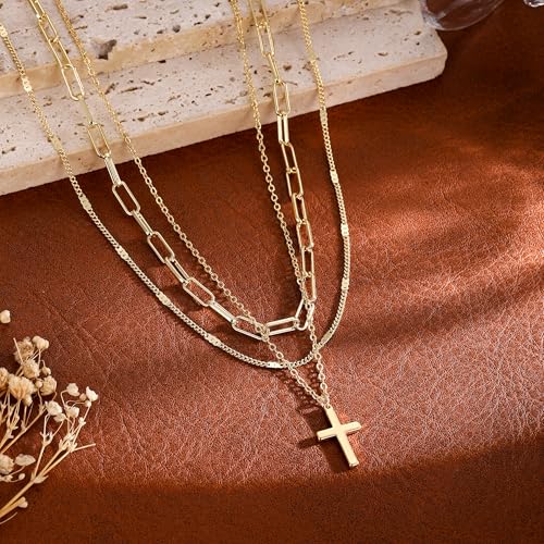 Gold Necklace for Women 14K Gold Plated Layered Cross Bar Necklace Herringbone Figaro Paperclip Flat Chain Cute Charm Accessories Non Tarnish Jewelry Set Gifts for Women - style: R-NK-07-Big cross-GD