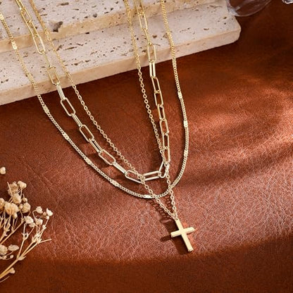 Gold Necklace for Women 14K Gold Plated Layered Cross Bar Necklace Herringbone Figaro Paperclip Flat Chain Cute Charm Accessories Non Tarnish Jewelry Set Gifts for Women - style: R-NK-07-Big cross-GD