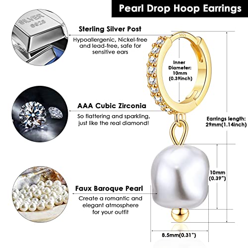 CERSLIMO Pearl Drop Earrings for Women | S925 Sterling Silver Post Simulated Shell Pearl Hoop Dangle Earrings, Hypoallergenic Cubic Zirconia Huggies Earrings Bridesmaid Jewelry - style: 03 Gold-Baroque