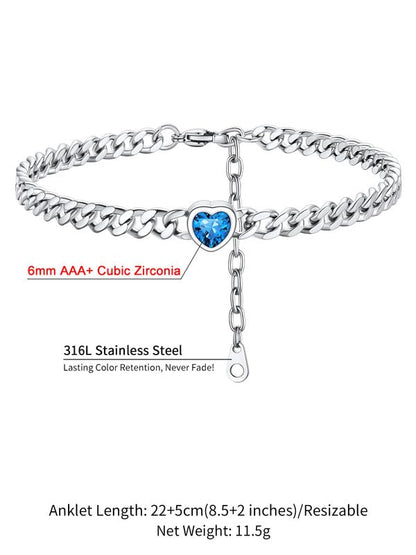 ChainsHouse Cuban Chain Anklets for Women with Heart Birthstone Jan - Dec | Stainless Steel Black Link Chain Ankle Bracelet with Birthstone, Beach Women Anklet 22cm-27cm Adjustable, with Gift Box - color: 12. Dec.-Tanzantite-Steel