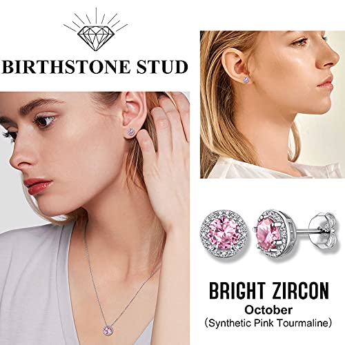 Bestyle Sparkling 925 Sterling Silver Birthstone Stud Earrings for Women, Heart/Round/Teardrop/Square Solitaire Diamond Studs Earrings, Great Birthday/Christmas Gifts - style: 10. Pink Tourmaline-Oct.-round