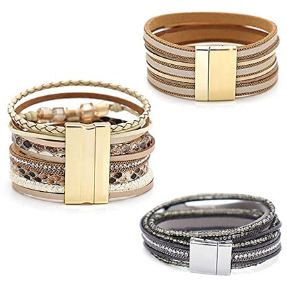 Wowanoo 3Pack Leather Cuff Bracelet Set Multilayer Wrap Bracelet Crystal Feather Tree Bracelet Magnetic Clasp Bracelet for Women - color: Khaki Brown Black