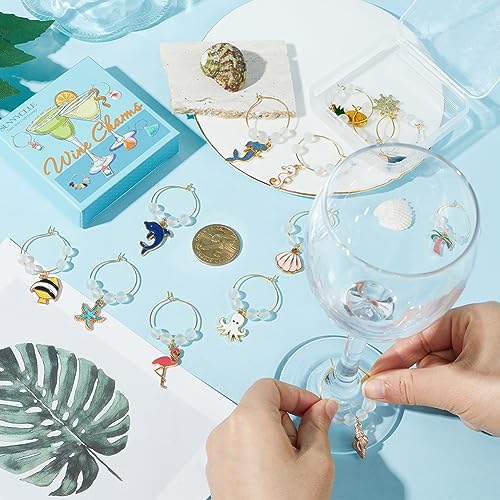 SUNNYCLUE 1 Box 14Pcs Glass Markers Bulk Glass Identifiers Wine Markers Charms Stafish Shells Suummer Ocean Hawaii Wine Identifiers for Gathering Wedding Gifts Party Favor Drinks Decor Supplies - style: 14 Sets Golden Tone Ocean Themed Wine Charms & Upgra