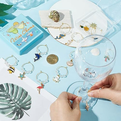 SUNNYCLUE 1 Box 14Pcs Glass Markers Bulk Glass Identifiers Wine Markers Charms Stafish Shells Suummer Ocean Hawaii Wine Identifiers for Gathering Wedding Gifts Party Favor Drinks Decor Supplies - style: 14 Sets Golden Tone Ocean Themed Wine Charms & Upgra