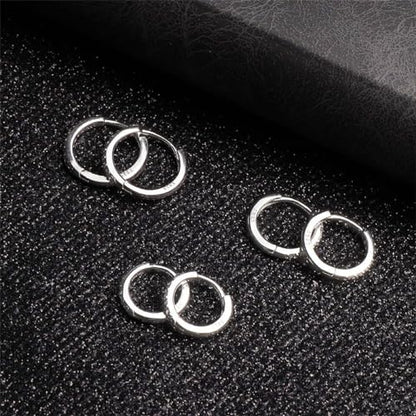 3 Pairs 925 Sterling Silver Small Hoop Earrings for Women Men | Cubic Zirconia, 14K White Gold Plated Huggie Hoop Earrings, Hypoallergenic - style: A-silver 8/10/12mm