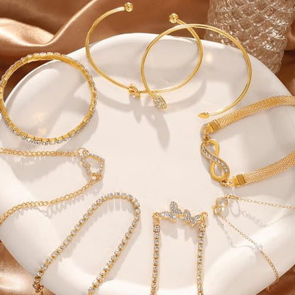 Golden Bangle Bracelets Set for Women, 14k Gold-Plated Multi Layer Stackable Cuff Bracelets, Personalized Boho Non Tarnish Adjustable Bangle Jewelry Gift for Her - color: 8PCS Gold Heart Bracelet