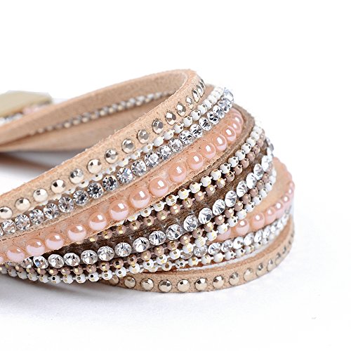 Artilady Leather Wrap Bracelet for Women, Pearl Beaded Bangle Stack Jewelry | Easy on-off, Elegant Handmade Multi-Layered, Daily Casual Date Beach Vacation, Gift for Ladies, Mother, Sister & Friend - style: Shining Pink