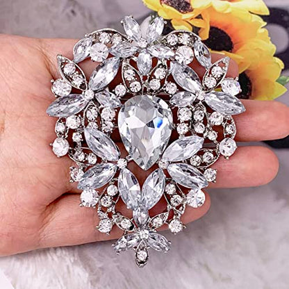 SELOVO Leaf Bouquet Scarf Big Brooch Pin Broach Crystal Jewelry - color: Silver